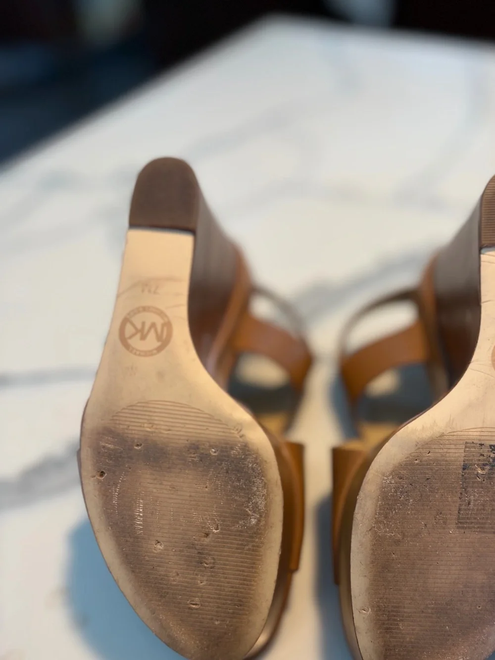 Michael Kors Tan Leather Platform Wedge Sandals with Gold Buckle